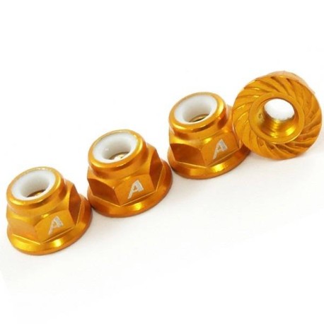 Answer-RC 1/10th 4mm Shaft 7075 Wheel Nuts/Serrated Face + Nyloc - 4pk -Gold