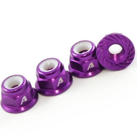 Answer-RC 1/10th 4mm Shaft 7075 Wheel Nuts/Serrated Face + Nyloc - 4pk -Purple